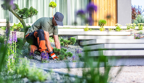 Gardener maintaining a residential garden